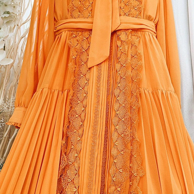Autumn Women Chiffon Lace Stitching Orange Dress Elegant Slim Casual With Pleated Party Evening Max 210421