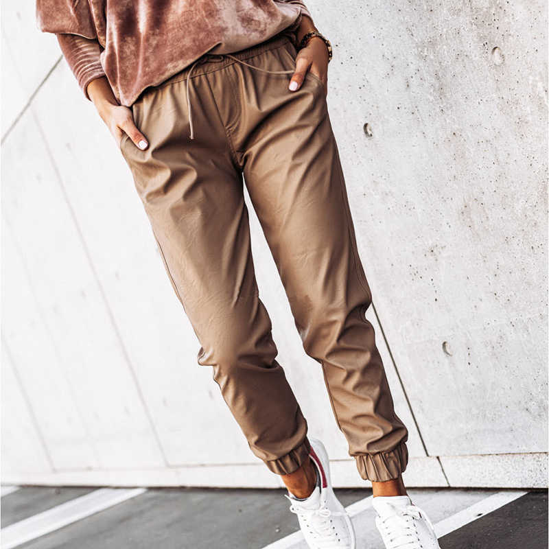 Women PU Leather Pants Fashion Street Lady Elastic Waist Pencil Pants Autumn Drawstring Sweatpants Pockets Cool Trousers GV109 211006