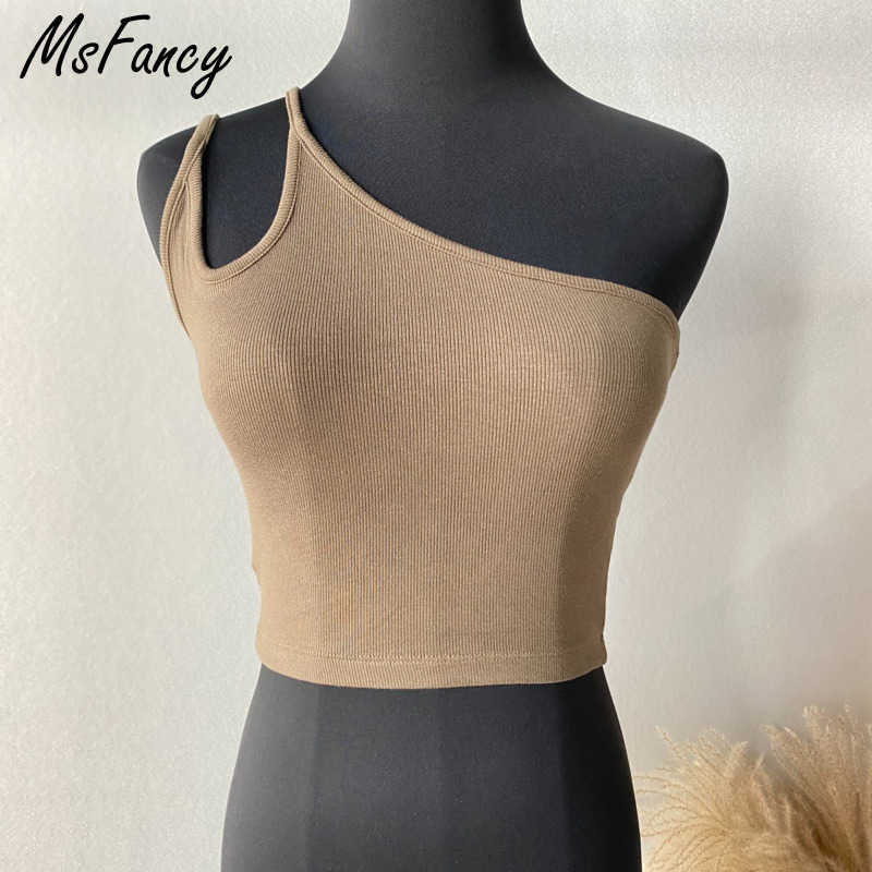 Msfancy Summer Crop Tops Women Slant Shoulder Irregular Haut Femme Sexy Ladies Black Tank Top 210625