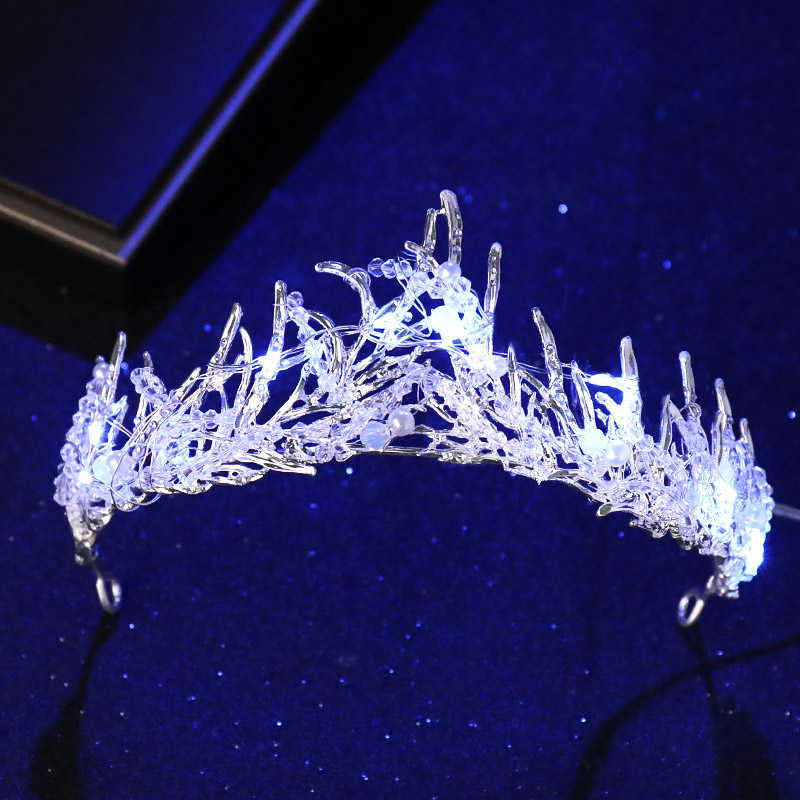 New Various Luminous Tiaras Crowns for Bride Blue Light LED Crown for Women Party Wedding Headpiece Hair Ornaments Crystal Tiara H0827