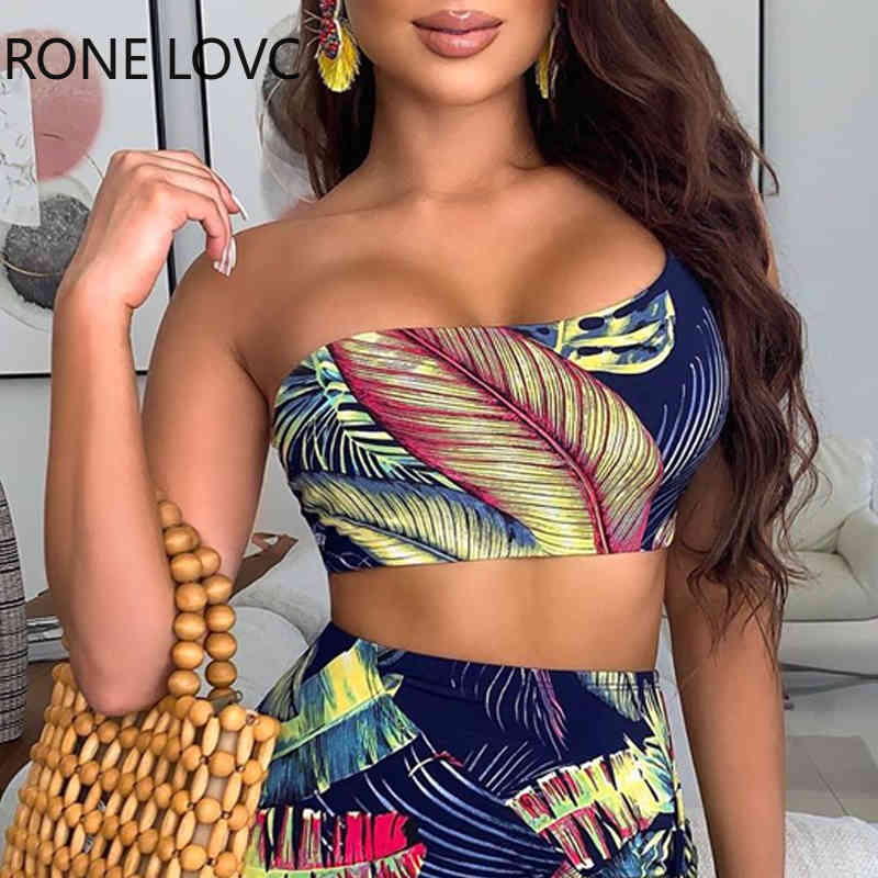 Women Off Shoulder Tie Front Top & Tropical Print Skirt Set Casual 2 Pieces Set