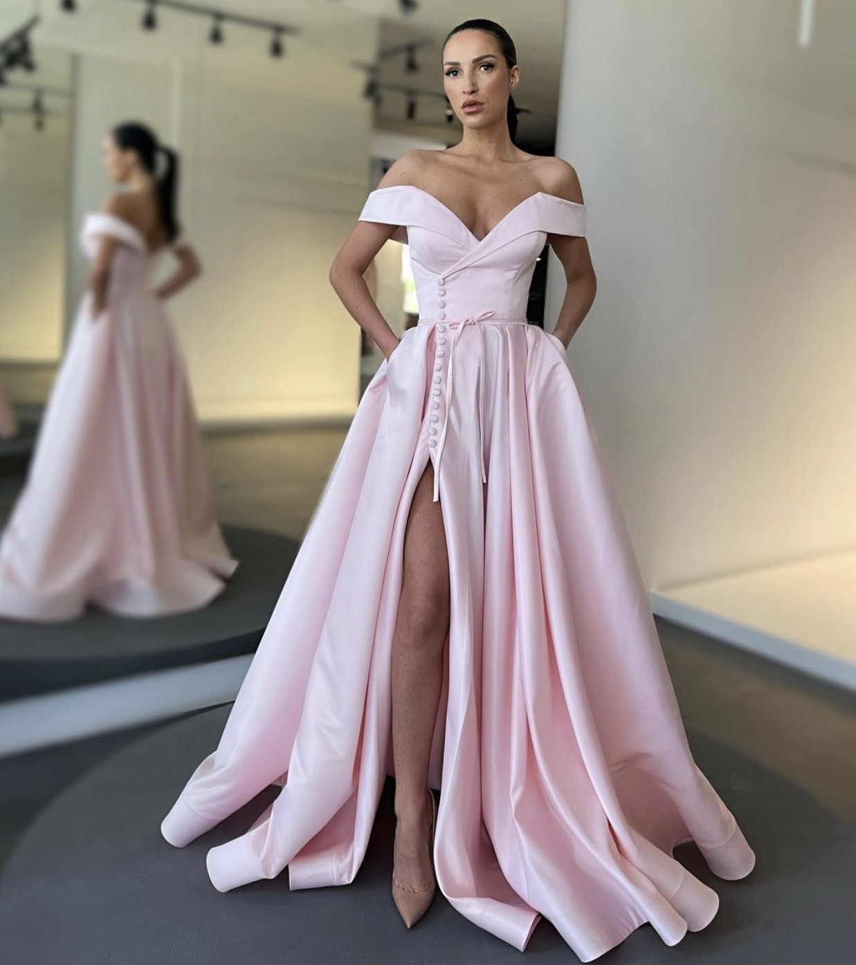 Burgundy Evening Dresses Prom Gowns Formal For Women Party Dinner Date Off Shoulder Side Split Buttons Satin Pink Custom Made