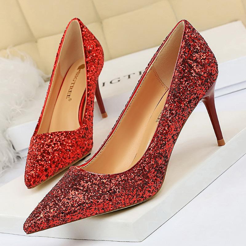 Dress Shoes Women 7.5cm Thin High Heel Pumps Bridal 2021 Bling Sparkly Heels Lady Party Fashion Glitter Wedding Plus Size