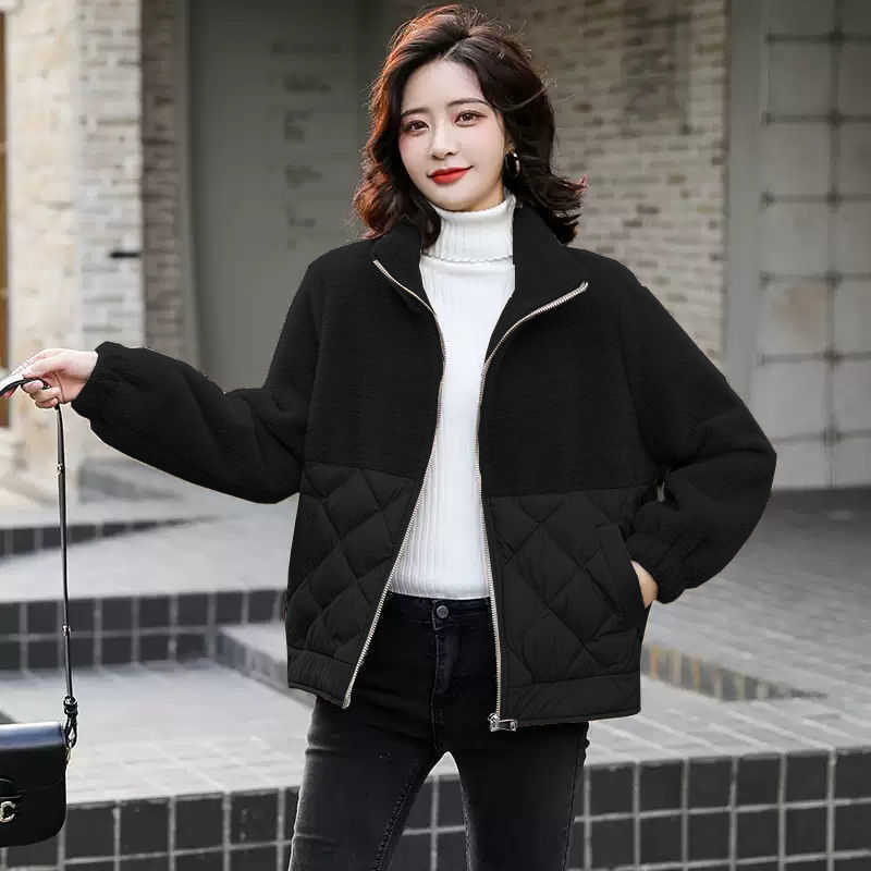 Women Loose Lightweight Short Parkas Jackets Lady Winter Patchwork Lambswool Jacket Female Cotton Padded Warm Faux Plush Outwear 210526