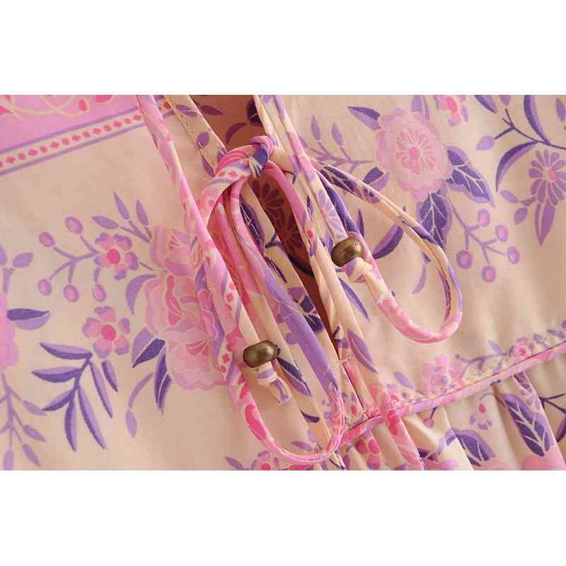 Bohemia Pink Contrast color Location Floral Print Long Sleeve Dress Ethnic Woman Bandage Strappy Collar Holiday Midi Dresses 210429