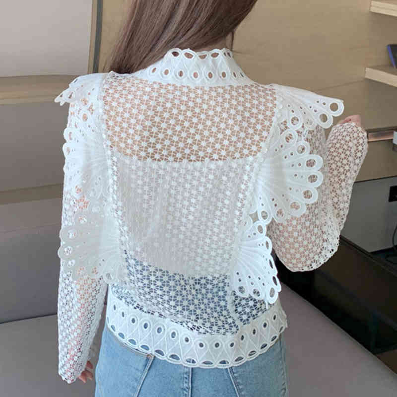 Vintage Puff Sleeve Spring Summer Top Blouse Women Hollow V-neck Lace Shirt Blouses Crochet Casual White Blosue Blusas 12960 210512