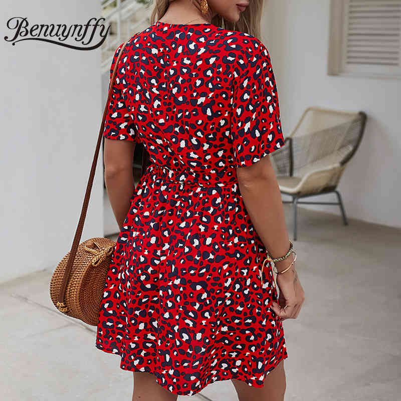 Surplice Neck Leopard Print Tie Waist Dresses Summer Short Sleeve A-Line Casual Women Mini Dress Street Clothing 210510