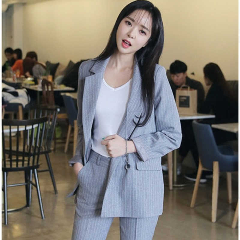 Work Fashion Pant Suits 2 Piece Set for Women Striped Blazer Jacket & Trouser Office Suit Lady Formal 210930