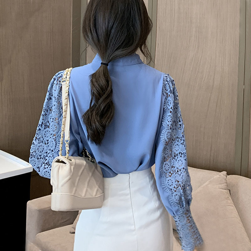 Crochet Hollow Lace Stitching Korean Style Blouse Women Sexy Puff Sleeve Stand-up Collar Bottoming Thin Shirt 12731 210427