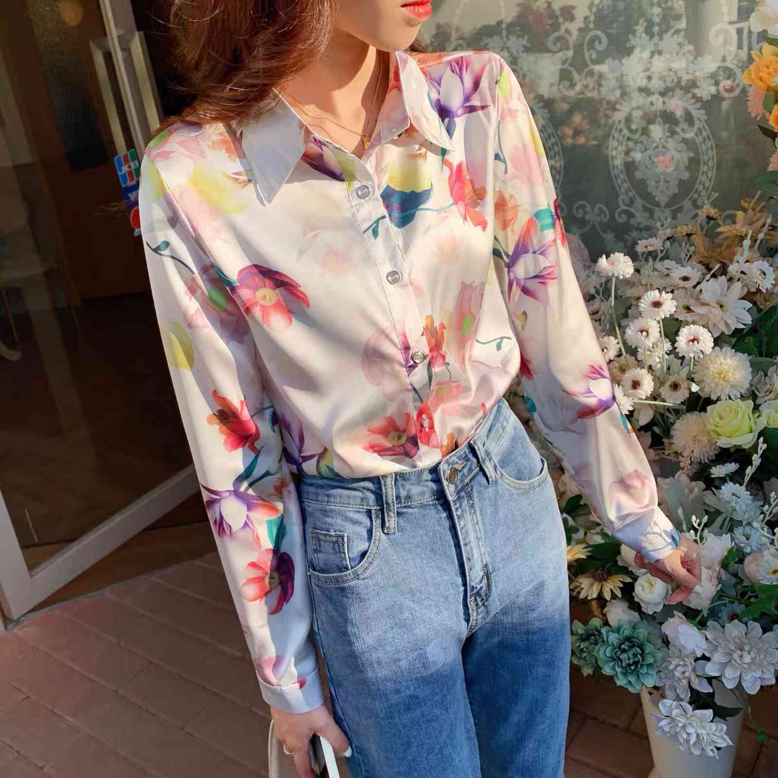casual flower printed satin chiffon blouse women turn down collar long sleeve spring summer shirts lady tops plus size 210421