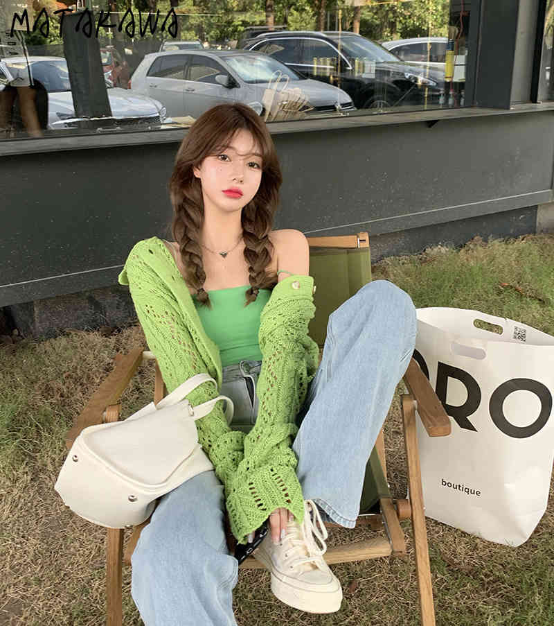 MATAKAWA 2 Piece Set Women Green Hollow Out Knitted Cardigan Spring Cropped Camisole Short Tops Long Sleeve Camis Ribbed Suit 210513