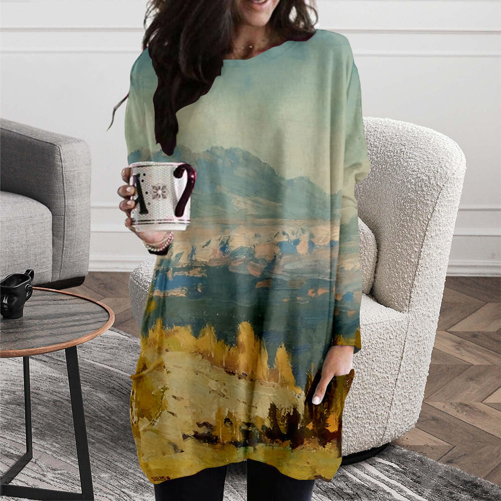 European and landscape oil painting printing spring and autumn long pocket T-shirt female elements round neck loose and comfortable home service, Black;gray
European and landscape oil painting printing spring and autumn long pocket T-shirt female elements round neck loose and comfortable home service, Black;gray