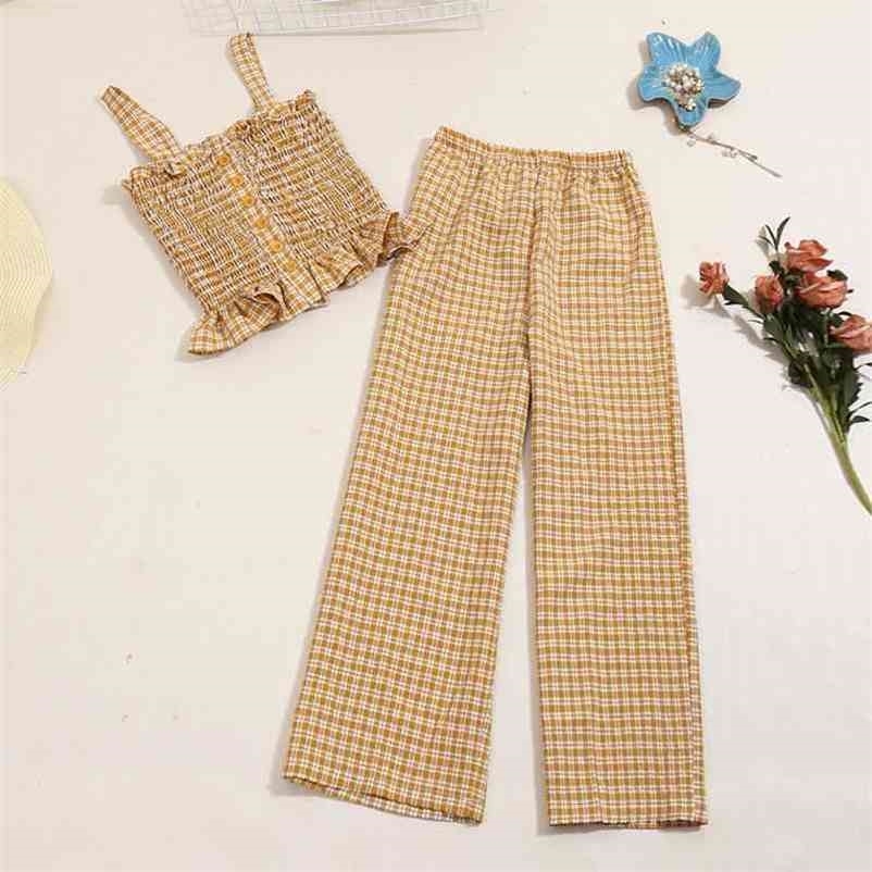 Summer Beach Plaid Two Piece Set Fashion Women Spaghetti Crop Tops And Pants Outfit Female Ruffles Tracksuit Clothes 210602
Summer Beach Plaid Two Piece Set Fashion Women Spaghetti Crop Tops And Pants Outfit Female Ruffles Tracksuit Clothes 210602