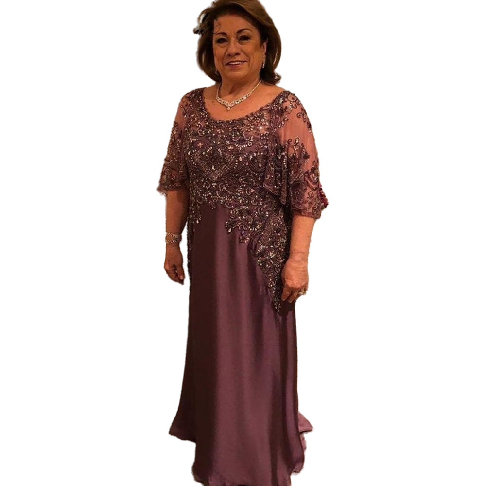 2022 Elegant Long Mother Of The Bride Dresses Puff Short Sleeve Plus Size Lace Beads Full Length Wedding Guest Party Evening Gowns Prom Dress