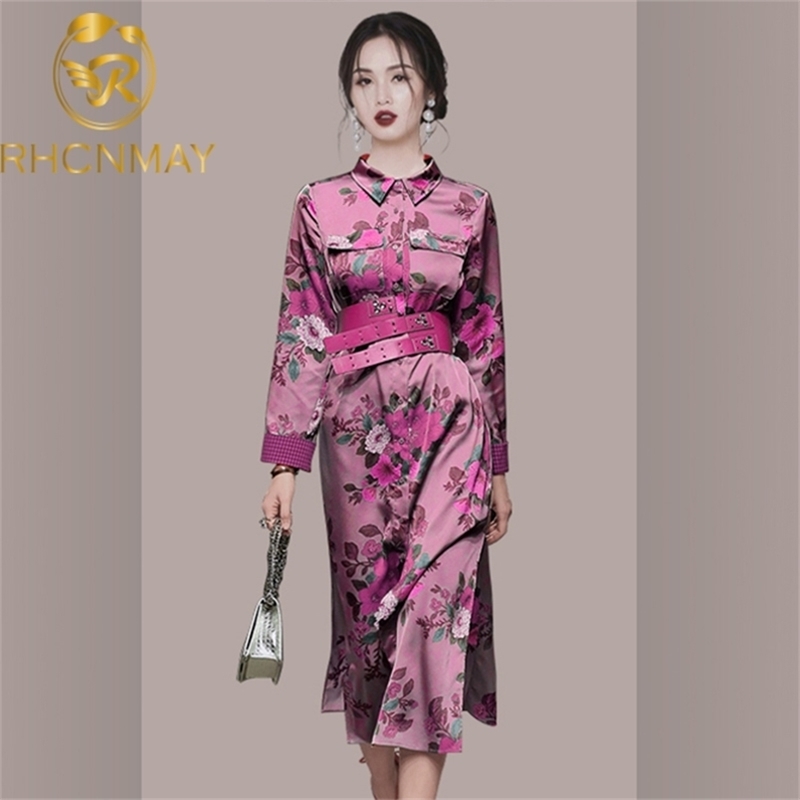 Autumn Vintage Elegant England Style Purple Flower Midi Dress Women Lady Office work Dresses Lapel neck Casual With Belt 210506