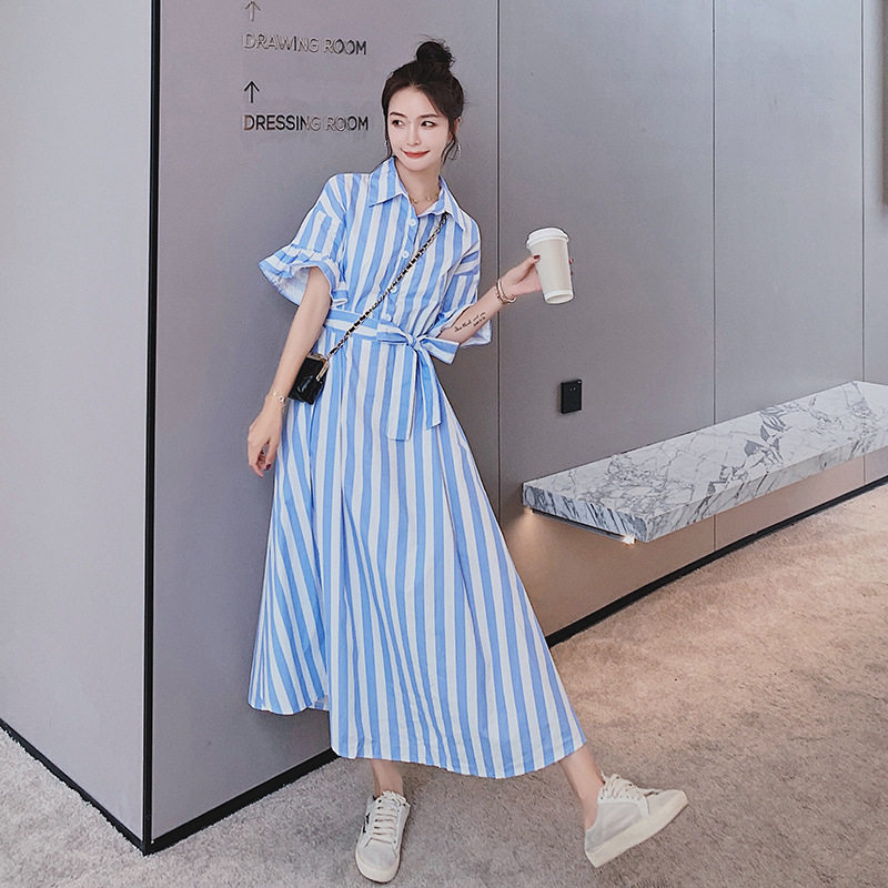 Summer Blue Striped Dress Short Sleeve Plus Size Lapel Dresses With Belt Female Fashion Streetwear 2D1677 210526