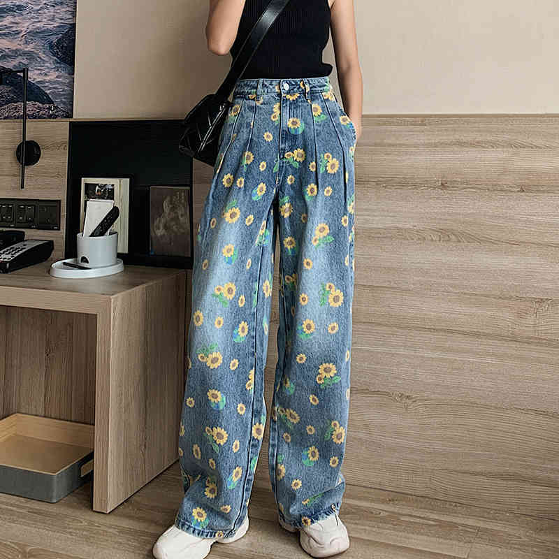 Summer Casual Jeans Woman Long Trousers Cowboy Female Loose Streetwear Small Flowers Wide Leg Pants ZA4513 210427