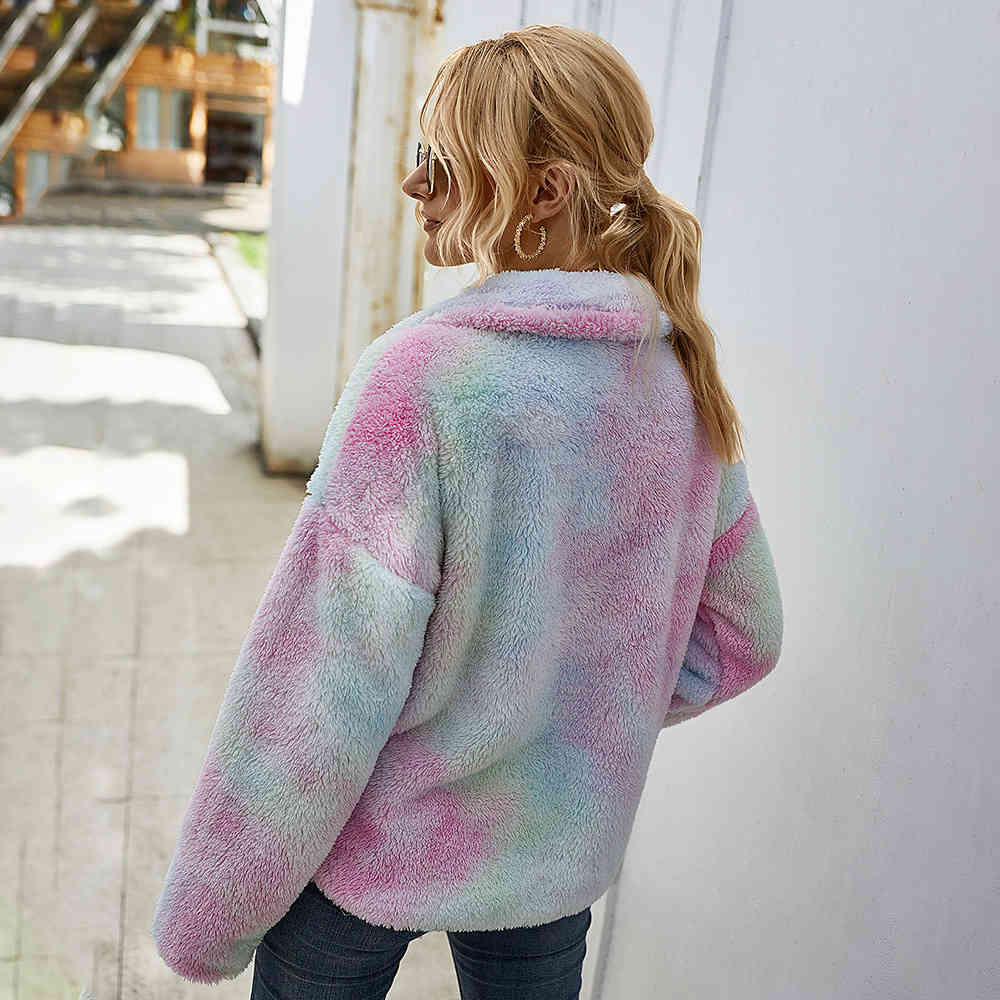 Autumn Fleece Zipper coat jacket Women's Winter Tie-Dye Fur Vintage coats Plush Jacket for Full Print clothes 210508