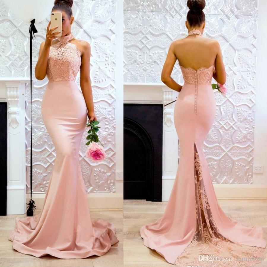 2021 Pink Long High Neck Mermaid Lace Evening Dresses Open Back Applique Sweep Train Maid Of honor Party Dress For Bridesmaid Dress
2021 Pink Long High Neck Mermaid Lace Evening Dresses Open Back Applique Sweep Train Maid Of honor Party Dress For Bridesmaid Dress