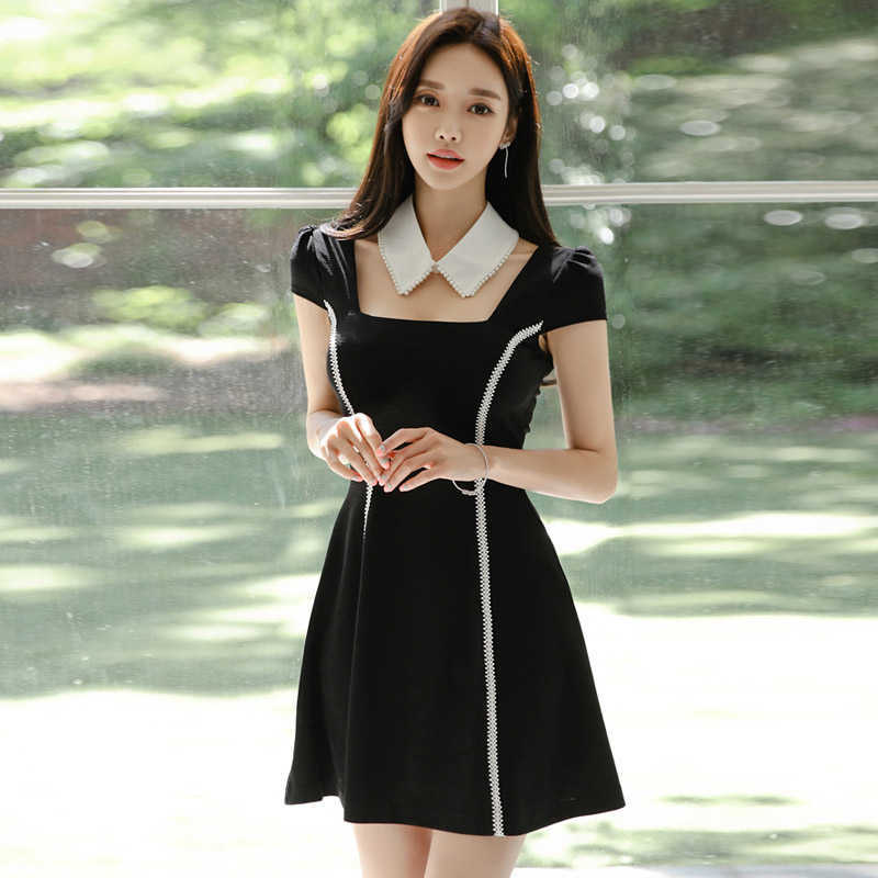 

summer Korean version of the hit color temperament waist was thin college style dress to send collar 210603, Black