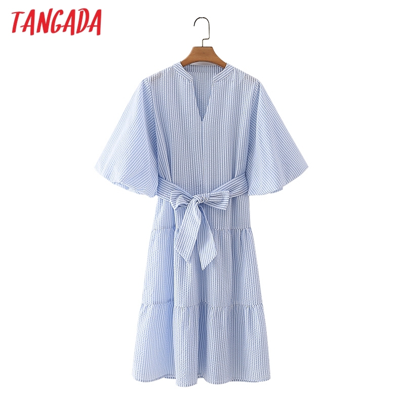 Summer Women Striped Print V Neck Puff Short Sleeve with Slash Ladies Dress Vestidos 5X51 210416