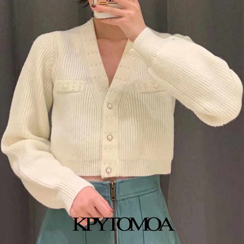 Women Fashion Faux Pearl Beading Cropped Knitted Cardigan Sweater Long Sleeve Female Outerwear Chic Tops 210420