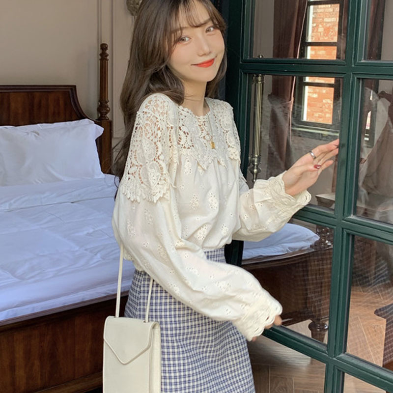 Plus Size Spring Lace Women Blouse O Neck Crochet Hollow Stitching Shirt Korean Style Apricot Gentle Long Sleeve Tops 13354 210427