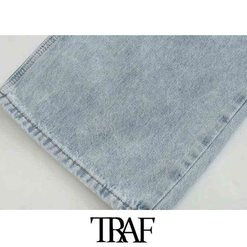 TRAF Women Fashion Side Pockets Faded Wide Leg Jeans Vintage High Waist Zipper Fly Denim Female Trousers Mujer 211129