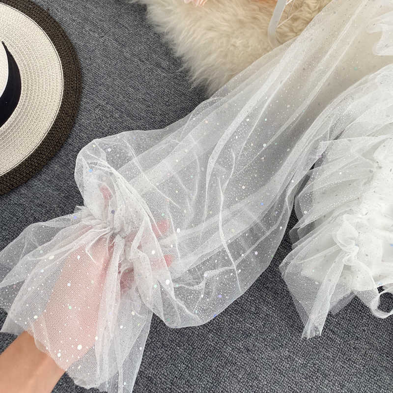 Court Female Bling Shiny Mesh Long Sleeve Sweet Wood Ear Short Tops Shirt Autumn Women Fashion Elegant Blouse P613 210527