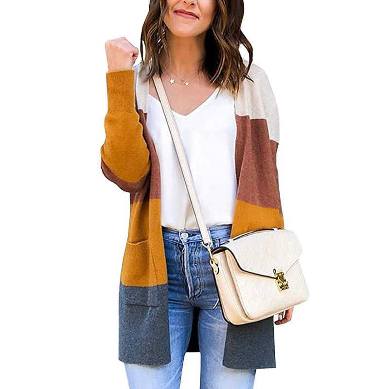 Winter Sweater Women Patchwork Colors Long Cardigan Sleeve Pockets V-Neck Female Casual Slim Fit Tops 210604