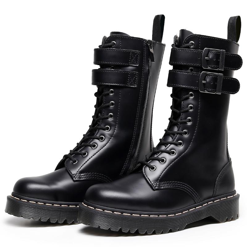 Boots Women Platform Leather High Female Shoes Punk Buckle Long Boot Woman Lace Up Booties Black Gothic Mid Tube