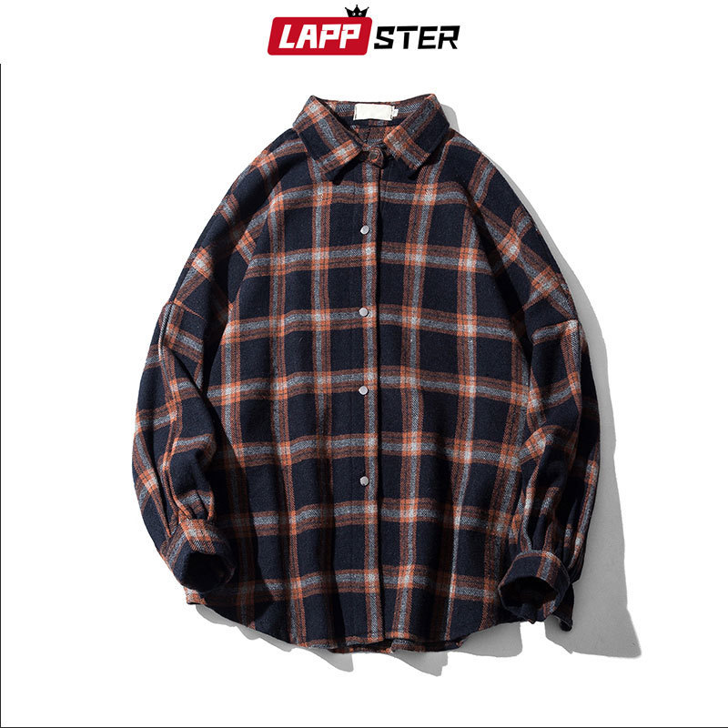 LAPPSTER Men Harajuku Color Block Plaid Shirt Mens Streetwear Thick Shirts Long Sleeve Male Vintage Korean Fashions Clothes 210410