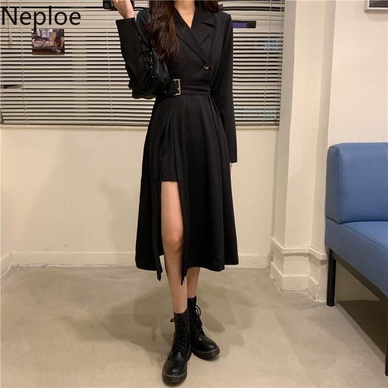 Neploe Maxi Dresses for Women Fashion Black Korean Dress Side Split High Wasit Slim Fit Robe Summer Temperament Vestido De Mujer 210422