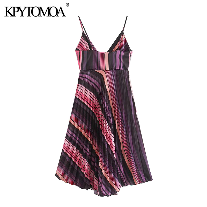 Women Chic Fashion Striped Pleated Midi Dress Backless Side Zipper Spaghetti Strap Female Dresses Vestidos 210420