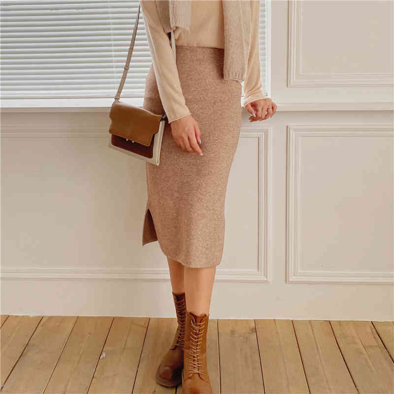 Autumn Winter High Waist Vintage Pencil Knitted Skirt Female OL Elegant Solid Split Package Hip Long Skirts Womens 210421