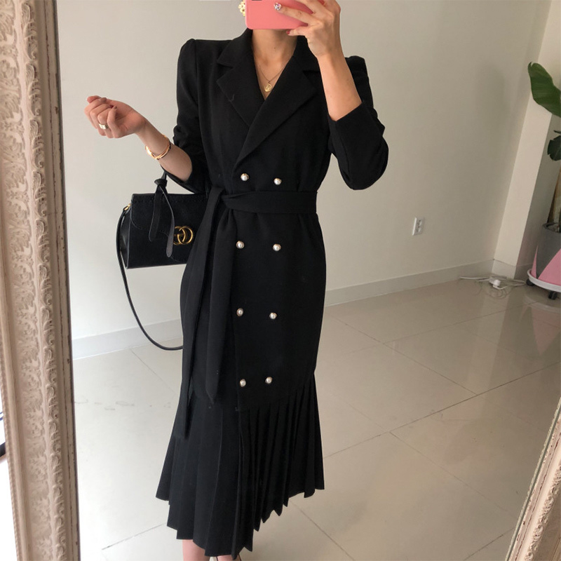 Spring Autumn Fashion Chic Korean Office Lady Brief Bandage Long Dress Women Elegant sheath trumpet Vintage Blazer Dresses Robe 210506
