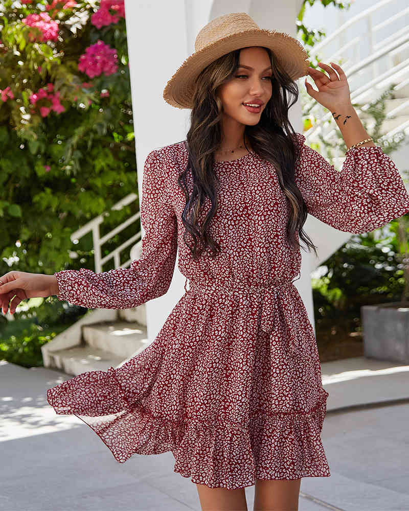 Summer Dress Boho Ruffles Floral Print Chiffon Dress Women Bishop Sleeve O Neck Elastic Waist Belt Slim A Line Mini Dresses 210521, Burgundy
Summer Dress Boho Ruffles Floral Print Chiffon Dress Women Bishop Sleeve O Neck Elastic Waist Belt Slim A Line Mini Dresses 210521, Burgundy