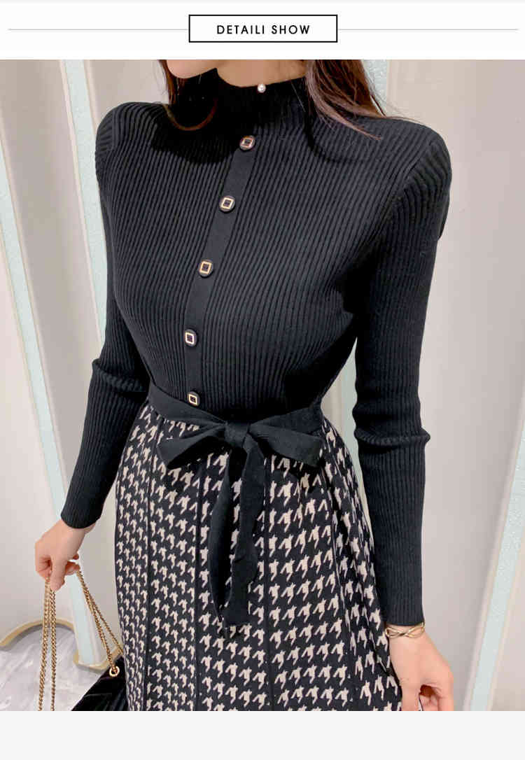 Arrived Korean Autumn Elegant Knitted Plaid Patchwork Women Dress Long Sleeve O-neck Lace-up Bow Pleated Midi Dresses 210519