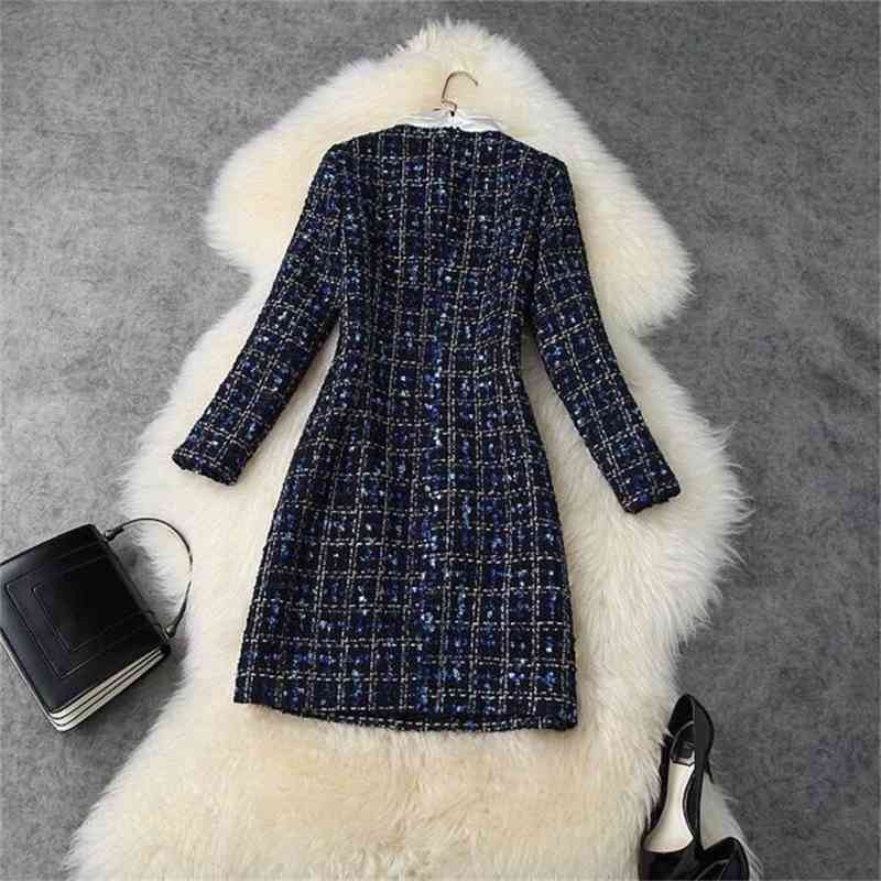 High Quality Runway Woman Clothes Elegant Diamonds Bow Long Sleeve Casual Slim Plaid Retro Tweed Woolen Dress Vestidos 210519