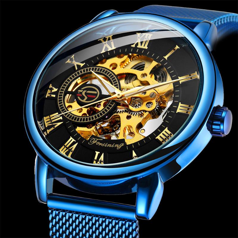Wristwatches 2021 FORSINING Mens Watches Top Anodized Blue Gold Skeleton Male Clock Hand-wind Mechanical Mesh Strap Montre Homm, Blue in steel band
Wristwatches 2021 FORSINING Mens Watches Top Anodized Blue Gold Skeleton Male Clock Hand-wind Mechanical Mesh Strap Montre Homm, Blue in steel band