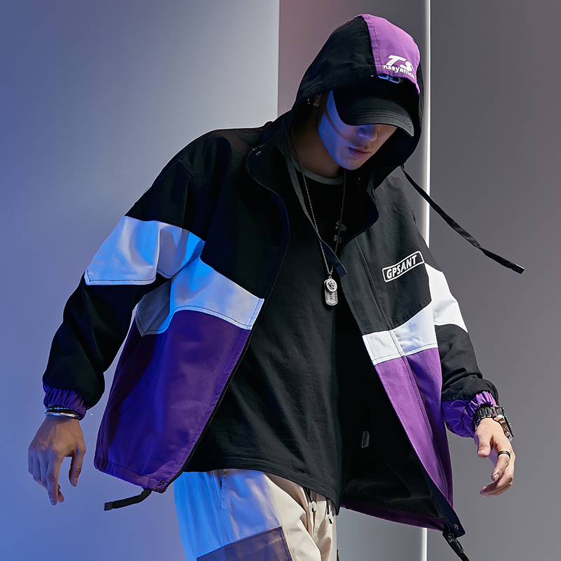 Autumn Oversize Hooded Jacketet Men Printed Multicolor Splicing Ribbon Personally Fashion Windbreaker Coat Men Clothing