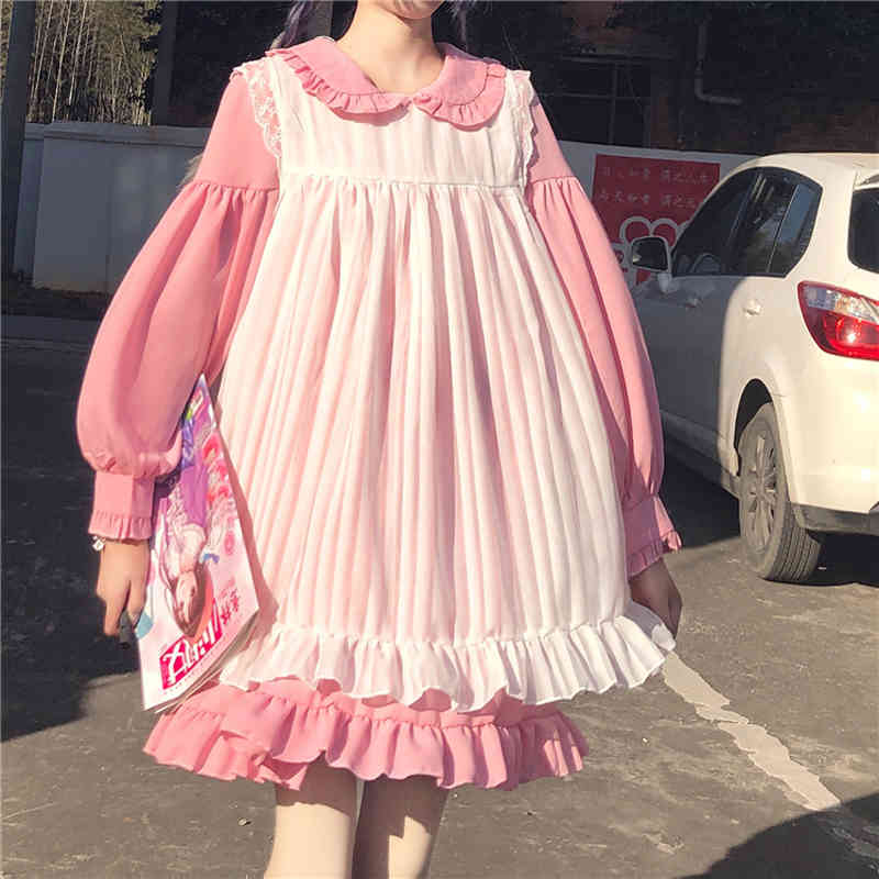 Japanese Sweet Pink Lolita Op Dress Gothic Soft Girl Cute Vintage Ruffle Maid Cosplay Black Women Kawaii Two-Piece es 210517