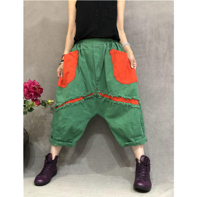 High Street Fashion Women Cross-pants Elastic Waist Hole Patchwork Casual Pants Female Loose Denim Cotton Calf-length D128 210512