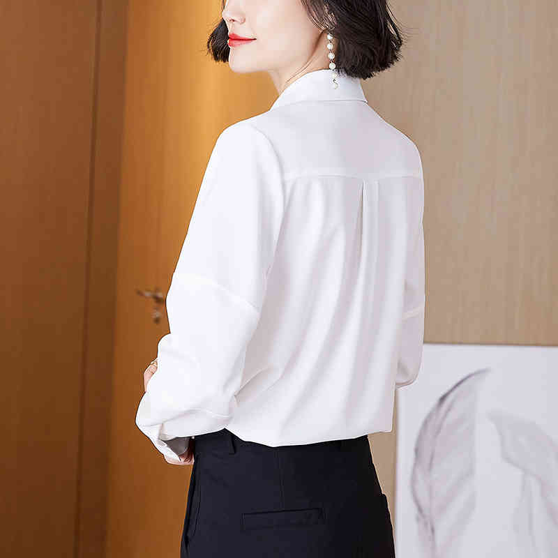 Korean Chiffon Blouse Women Spring Fashion Lace Patchwork Turn-down Collar Long Sleeve Office Wear Lady Shirts Plus Size Tops 210515