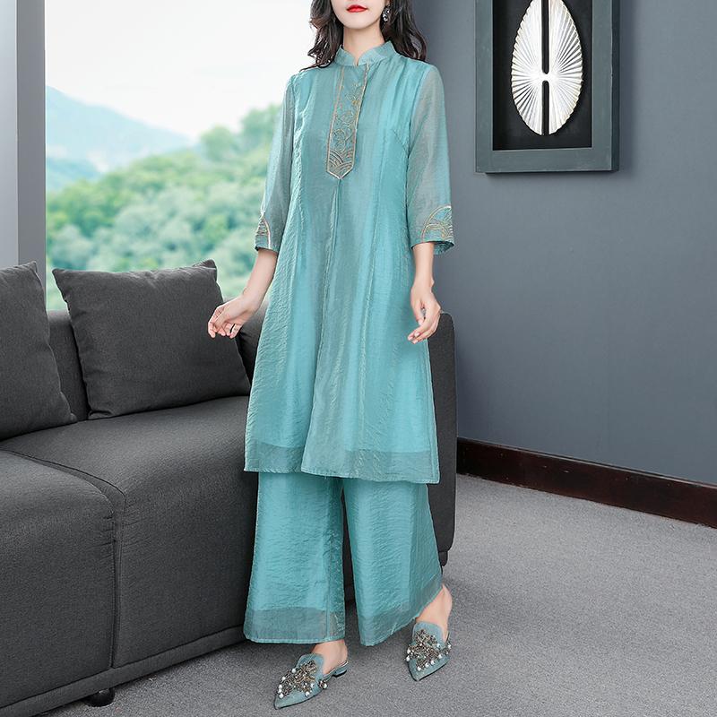 Summer 2 Pieces Chinese Vintage Sets High Quality Pretty Improved Qipao Top +Pants Loose Embroidery Female Cheongsam Two Piece Dress