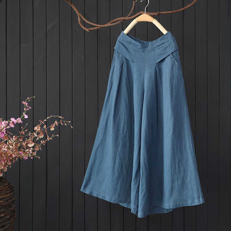 Summer Arts Style Women Elastic Waist Solid Wide Leg Pants All-matched Casual Cotton Linen Loose Plus Size S980 211115