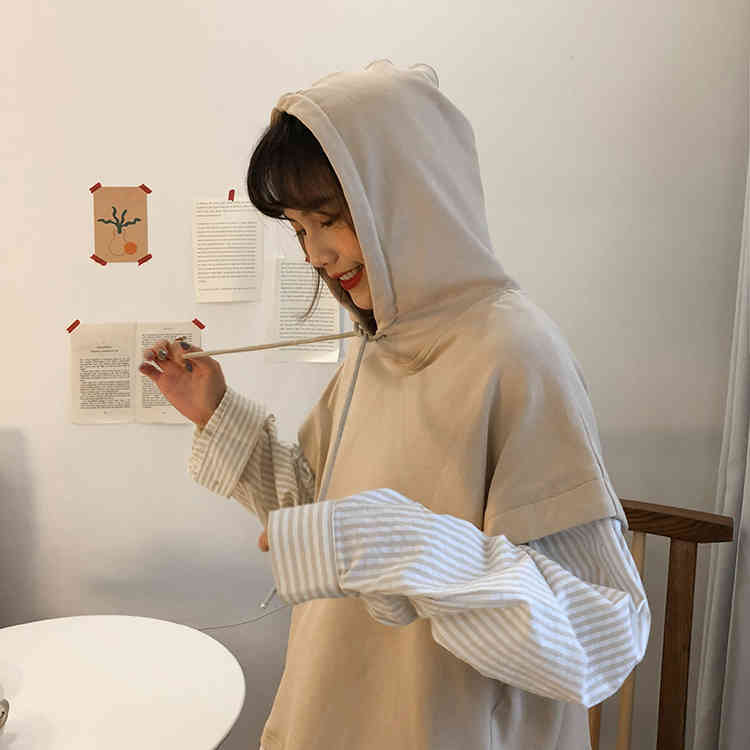 autumn preppy style faux two pieces stripe hoodies womens sweatshirts and pullovers (F3935) 210423