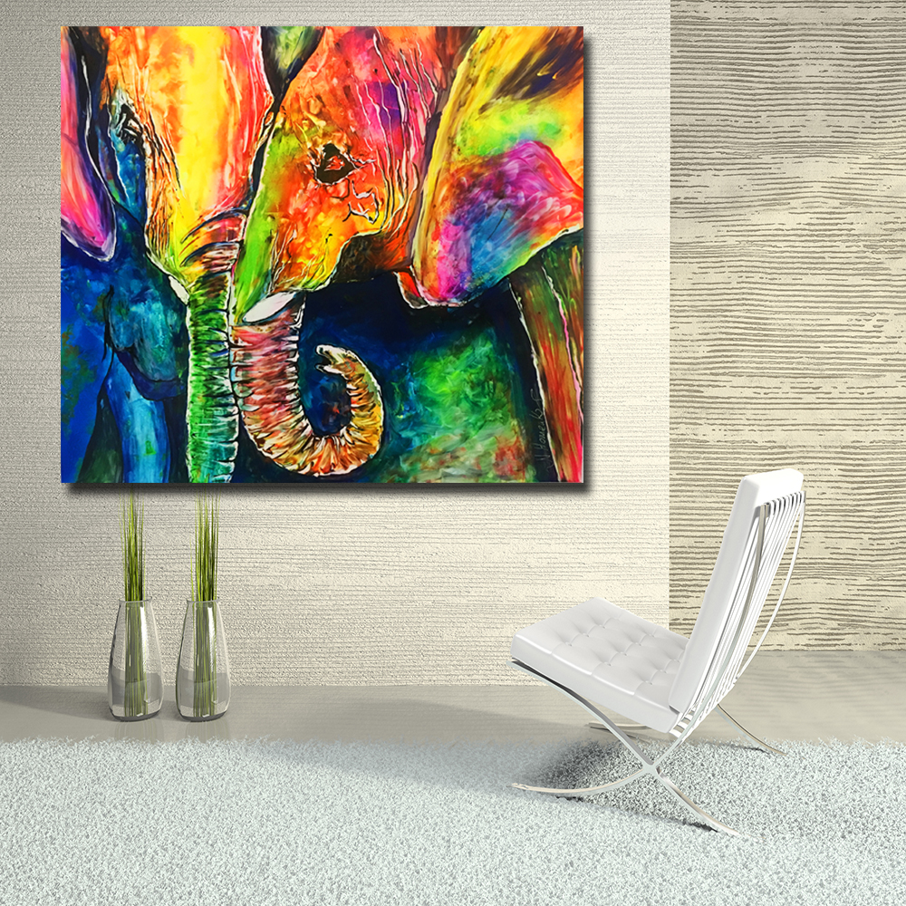 Colorful Elephant Couple Painting Picture Animal Art For Living Room Home Wall Decoration Poster Printed On Canvas