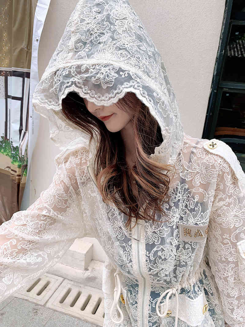 European Style Loose Long Lace Jacket Women Summer Drawstring Waist Embroidered Hollow Zipper Casual Coat With Hood 210506