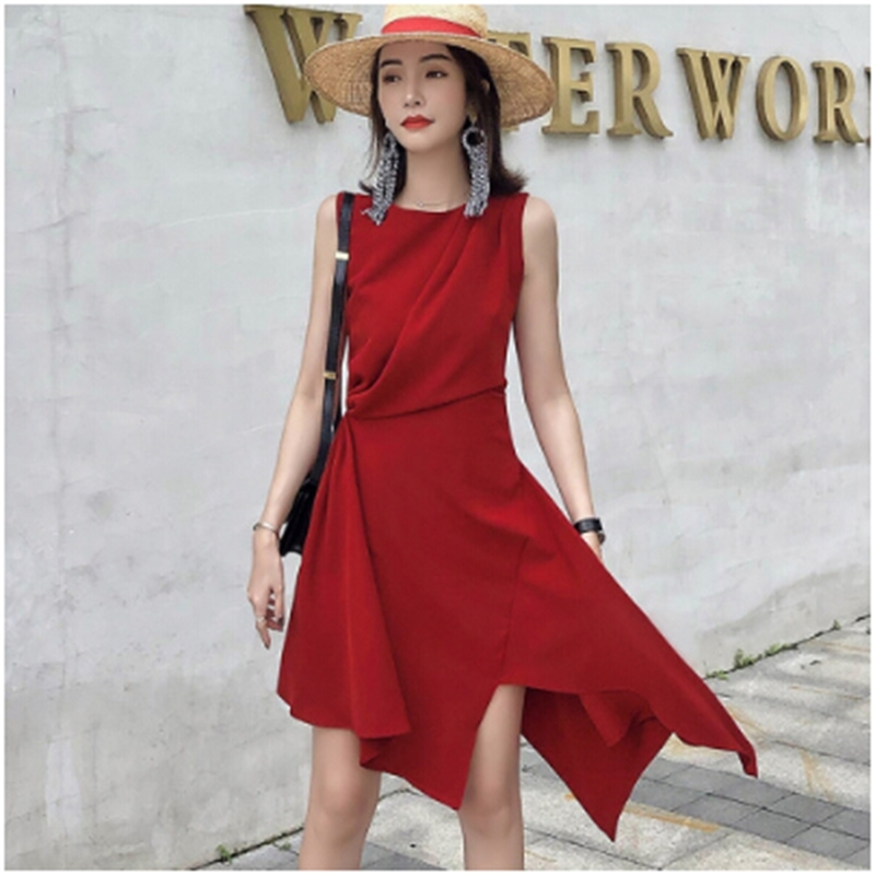 Fashion Summer Women Solid Color Elegant Dress Vestidos Sleeveless Ruffled Irregular Red Dresses 210520
